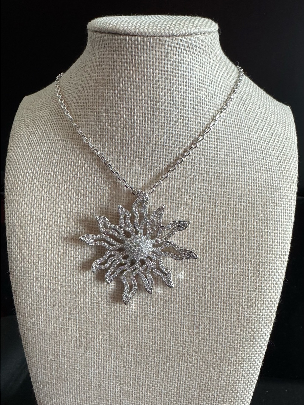 Sunburst Silver-tone Sparkling Pendant Necklace -  24” Adjustable Chain
